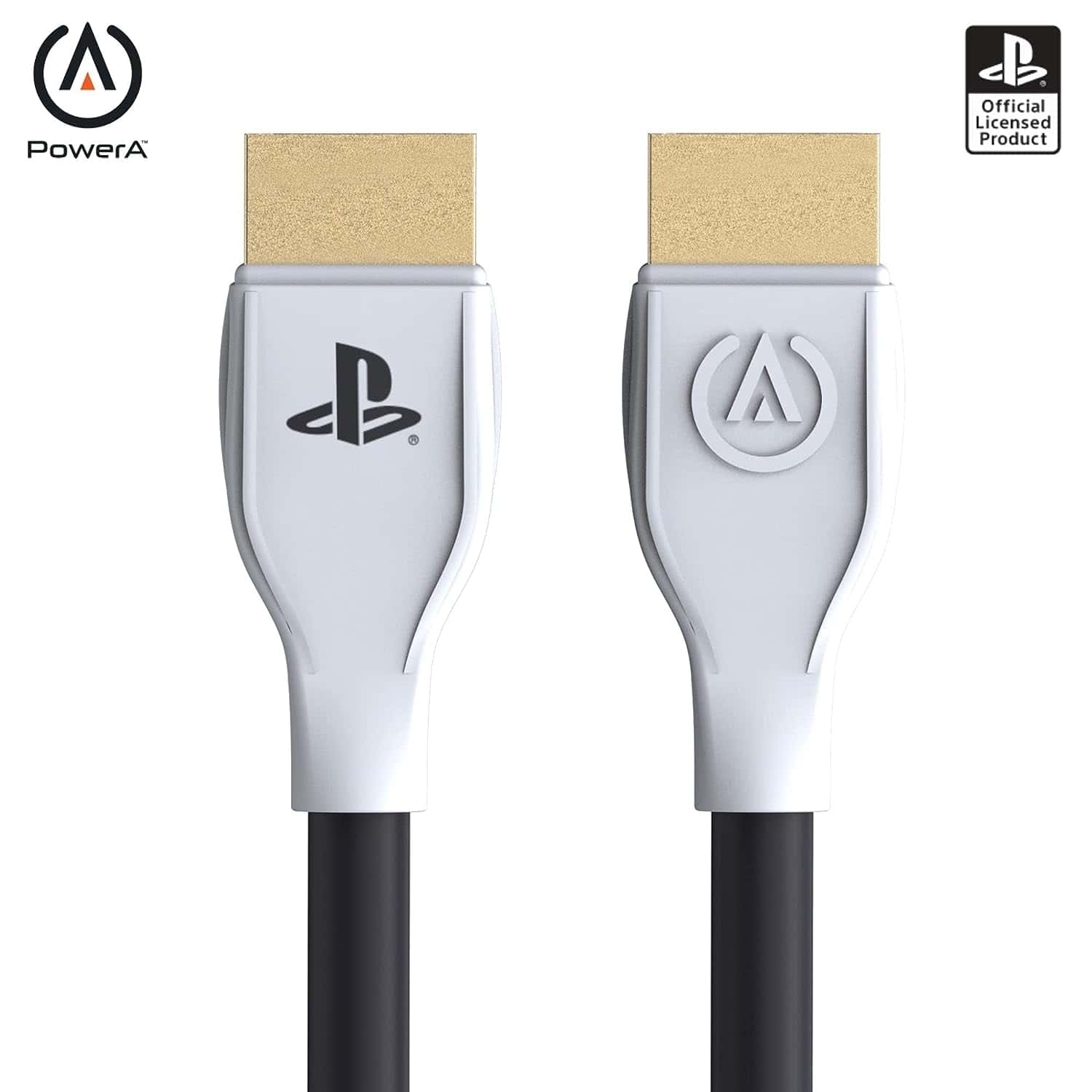 The PowerA Ultra High Speed HDMI Cable for PlayStation 5, featuring a logo, is a sleek white and black cable designed specifically for optimal performance.