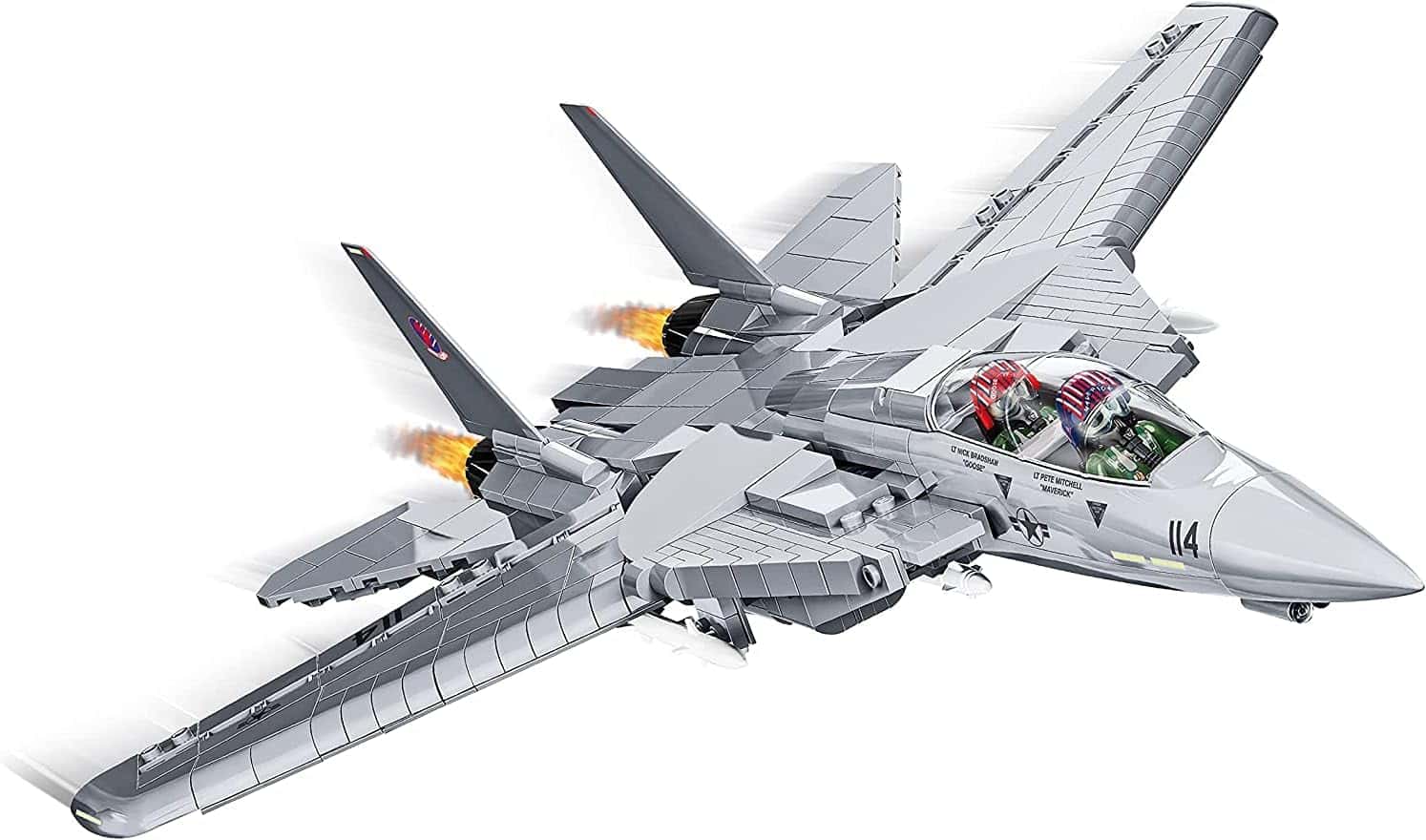 A 1:48 scale Lego model of a Cobi Top Gun F-14A Tomcat fighter jet flying on a white background.