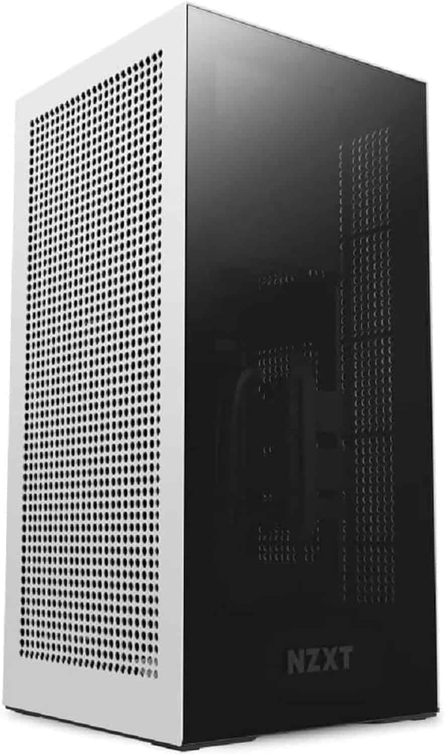 Auto Draft black and white nzxt computer case with a perforated panel design.