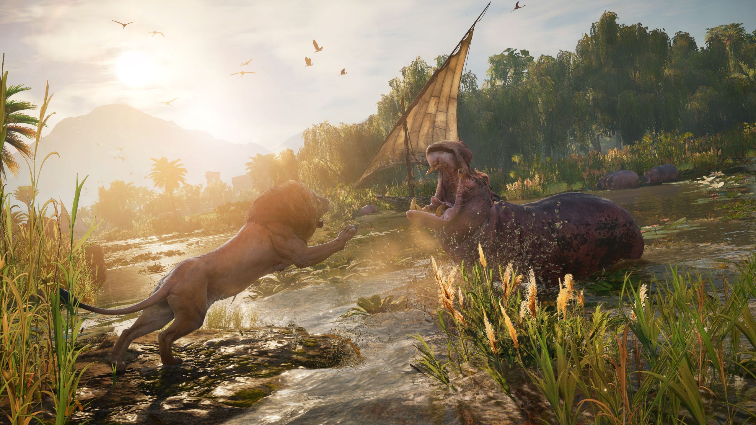 Assassin’s Creed Origins has a persistent open world where hippos fight crocodiles