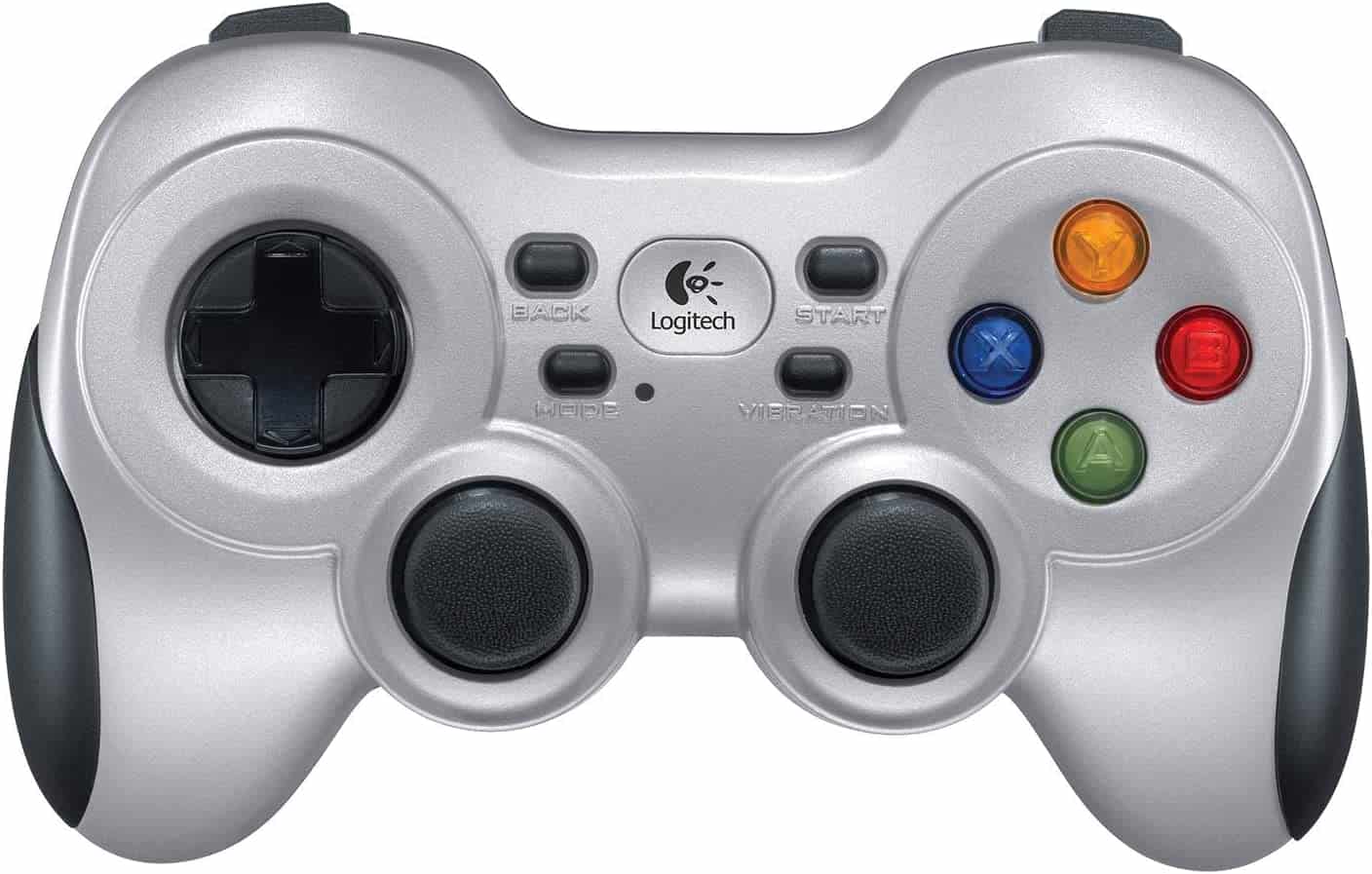 A silver Logitech F710 Wireless Gamepad with buttons on it.