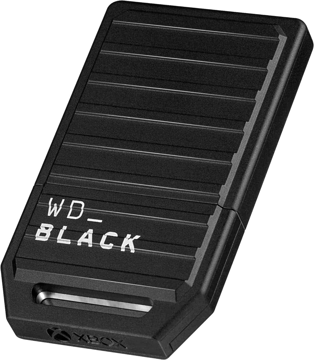 A black usb drive with the word WD_Black on it.