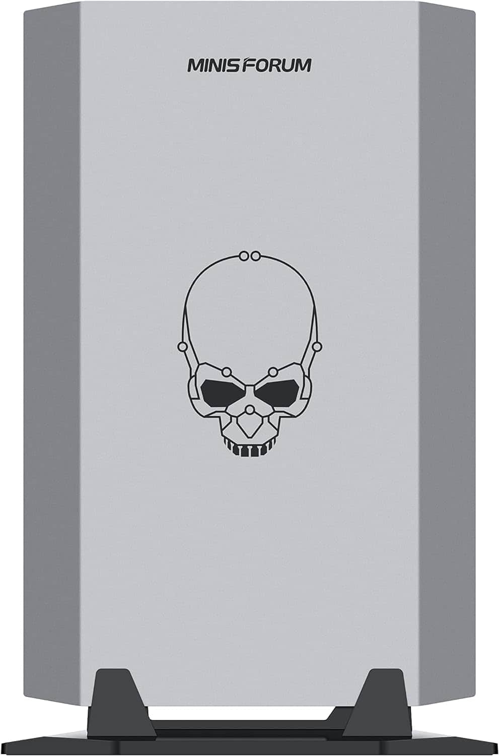 A black and gray MINISFORUM NUCX computer tower with a skull on it.