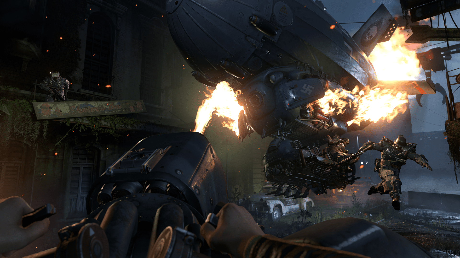 In Wolfenstein 2: The New Colossus you can explode enemies by sprinting into them