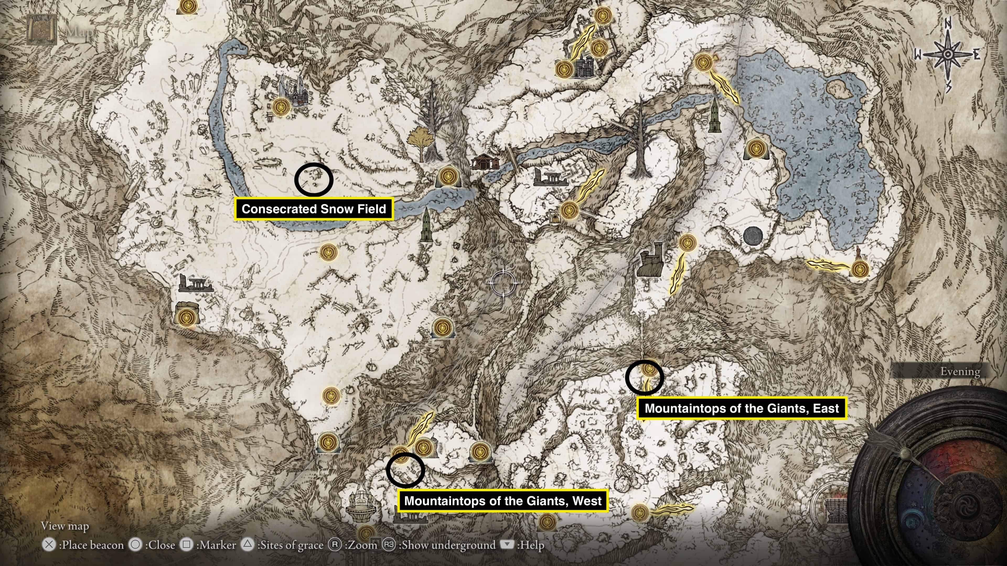 Elden Ring Map fragment: Location of the map fragments circled in black.