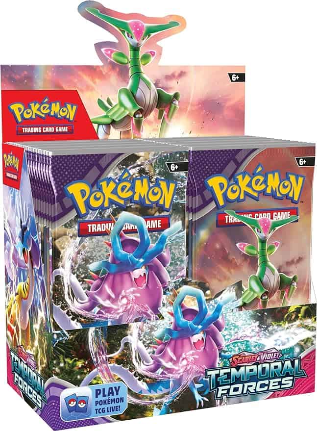 Three Pokémon TCG: Sword & Shield—Temporal Forces Auto Draft booster packs featuring different legendary Pokémon on the covers.