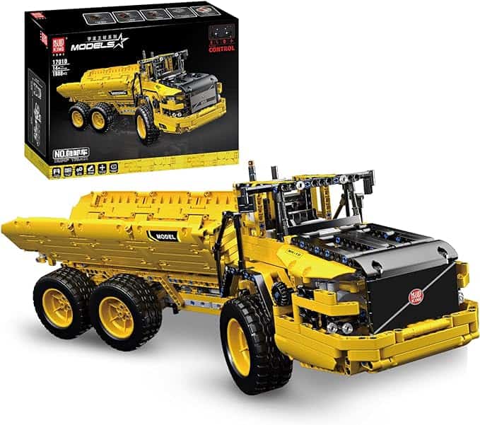 A yellow dump truck is shown in front of a box.