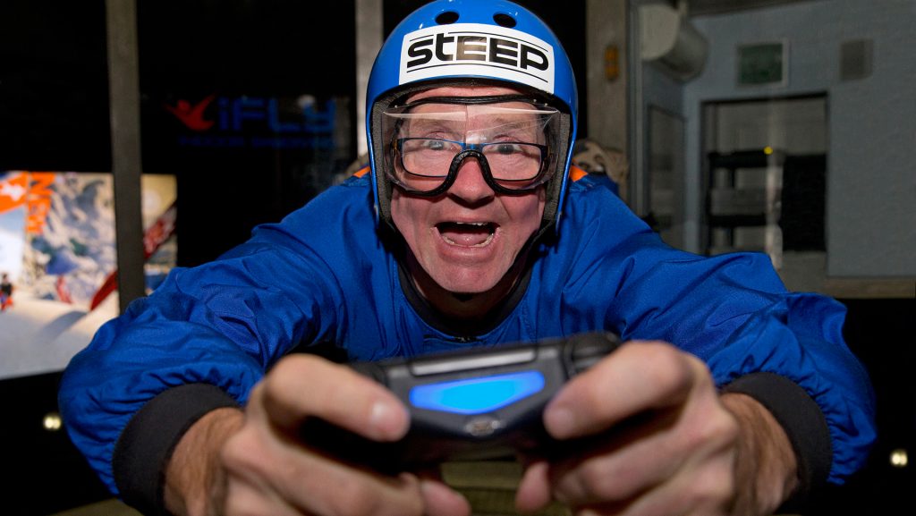 Here’s Eddie the Eagle playing Steep in a wind tunnel