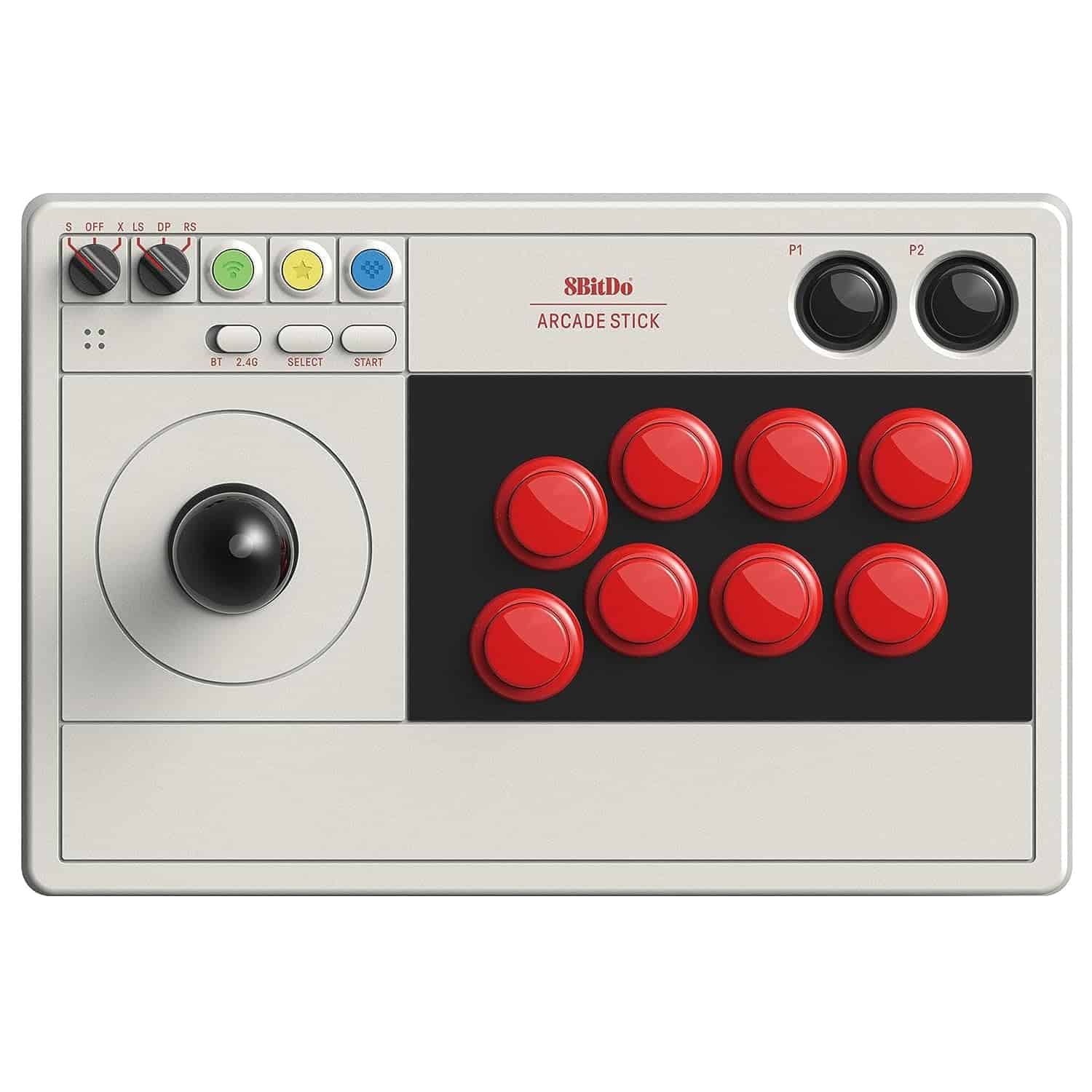 A game controller with red buttons and a white background from 8Bitdo Arcade Stick.