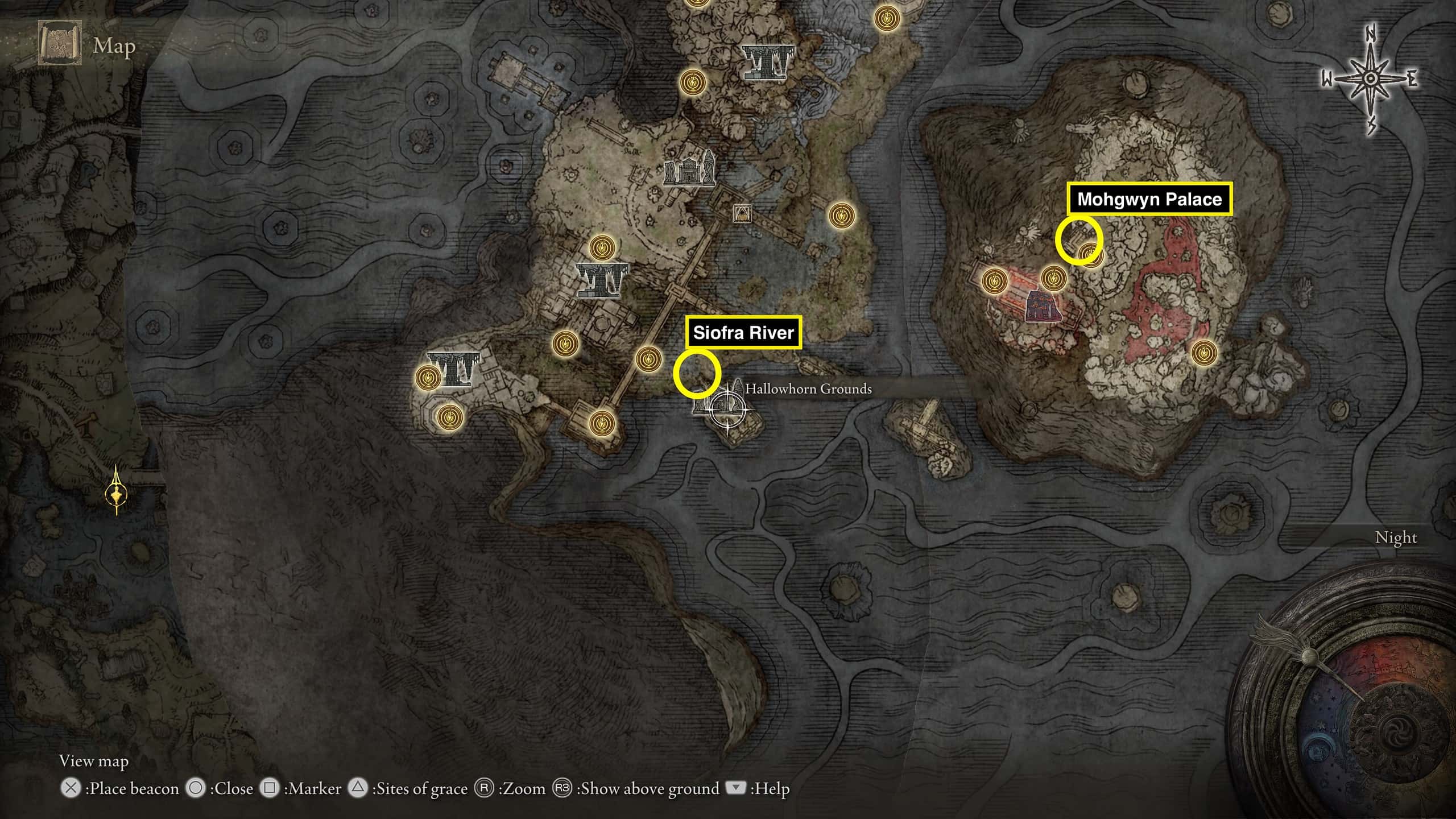 Elden Ring Map fragment: Location of the map fragments circled in yellow.