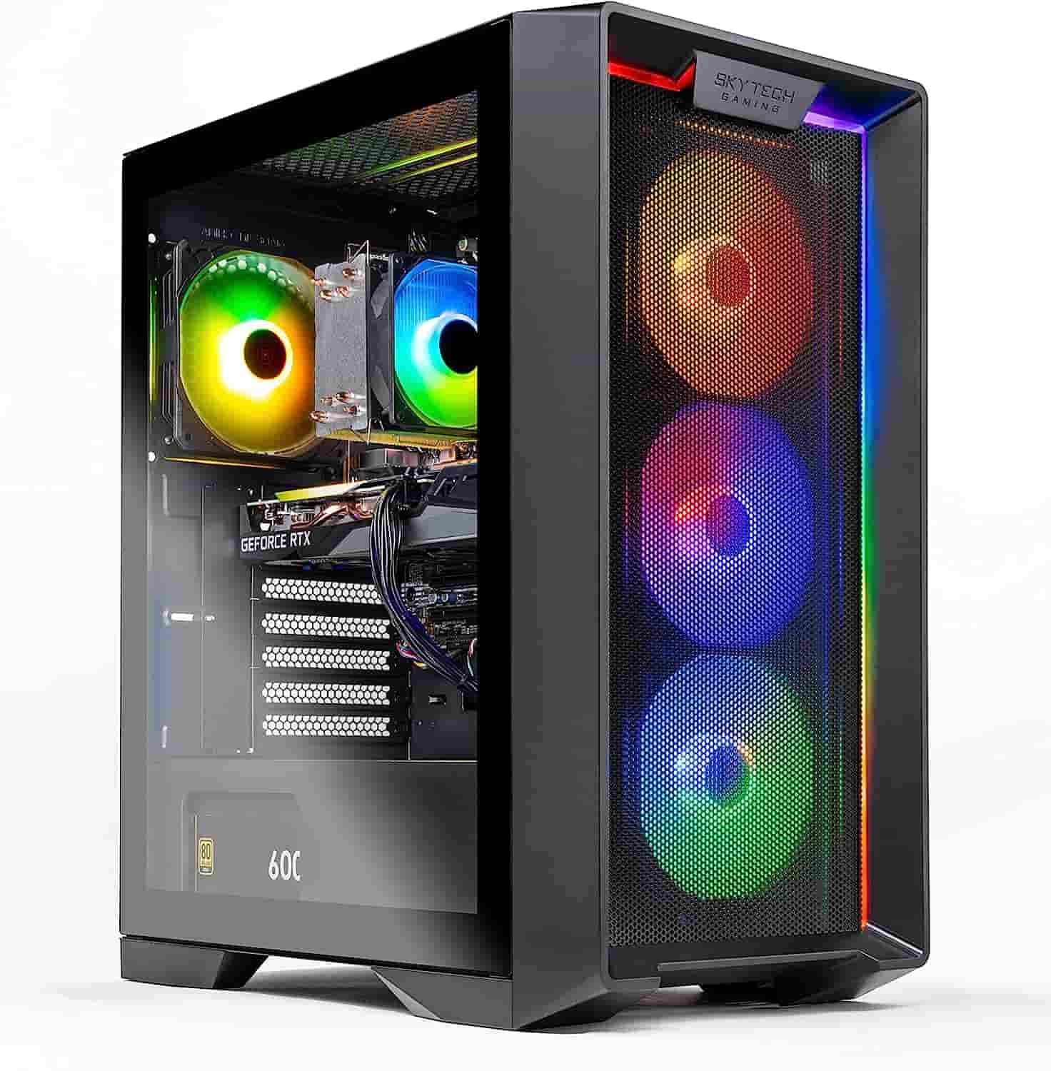 A Skytech Nebula gaming PC desktop case with colorful lights.