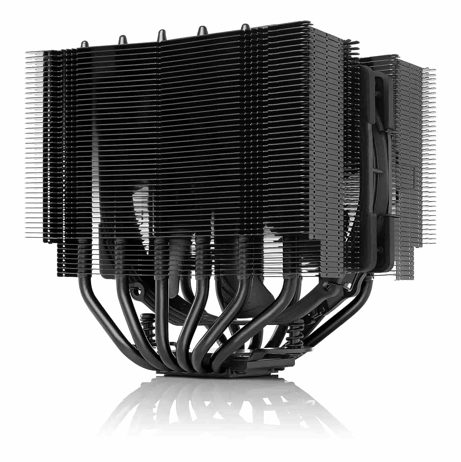 A black Noctua NH-D15S cpu cooler on a white background.