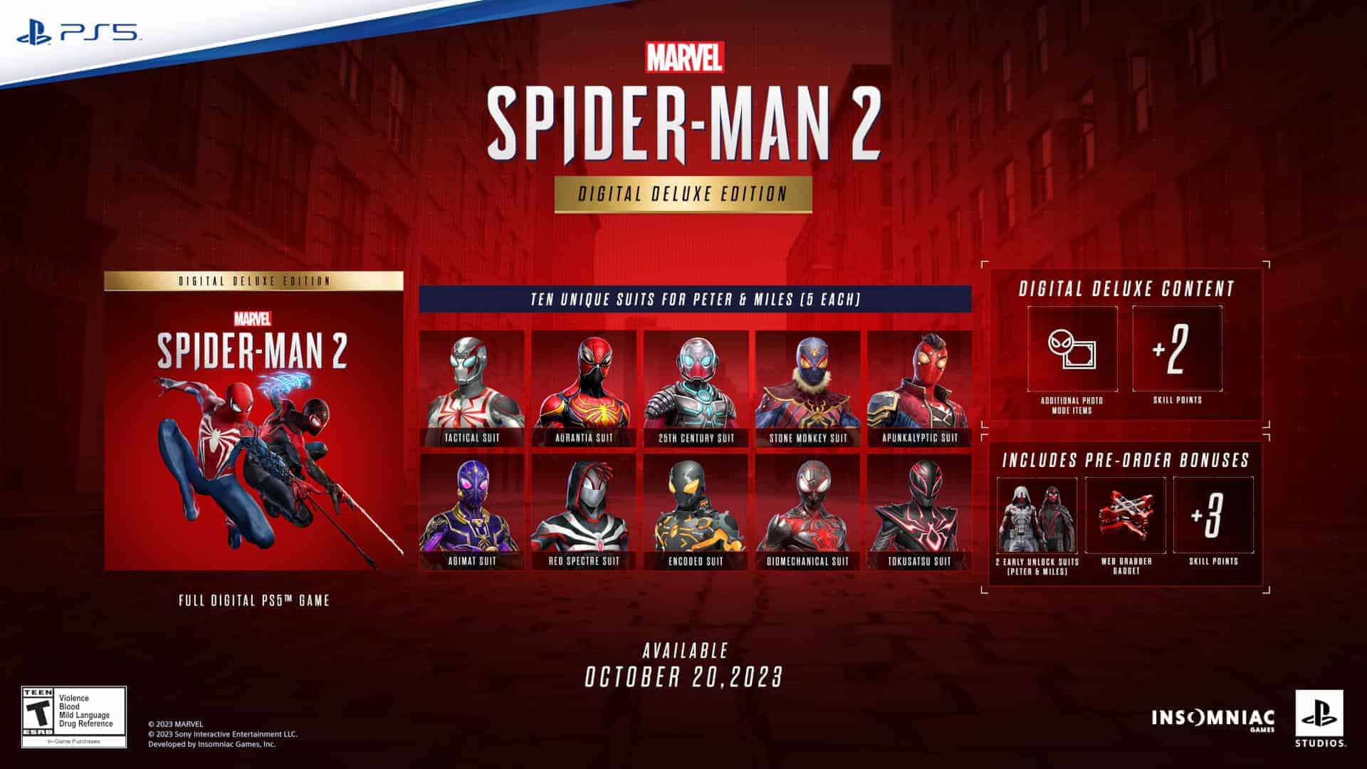Marvel's Spider-Man 2 Deluxe Edition – PS5 showing the unique suits and skill points you unlock