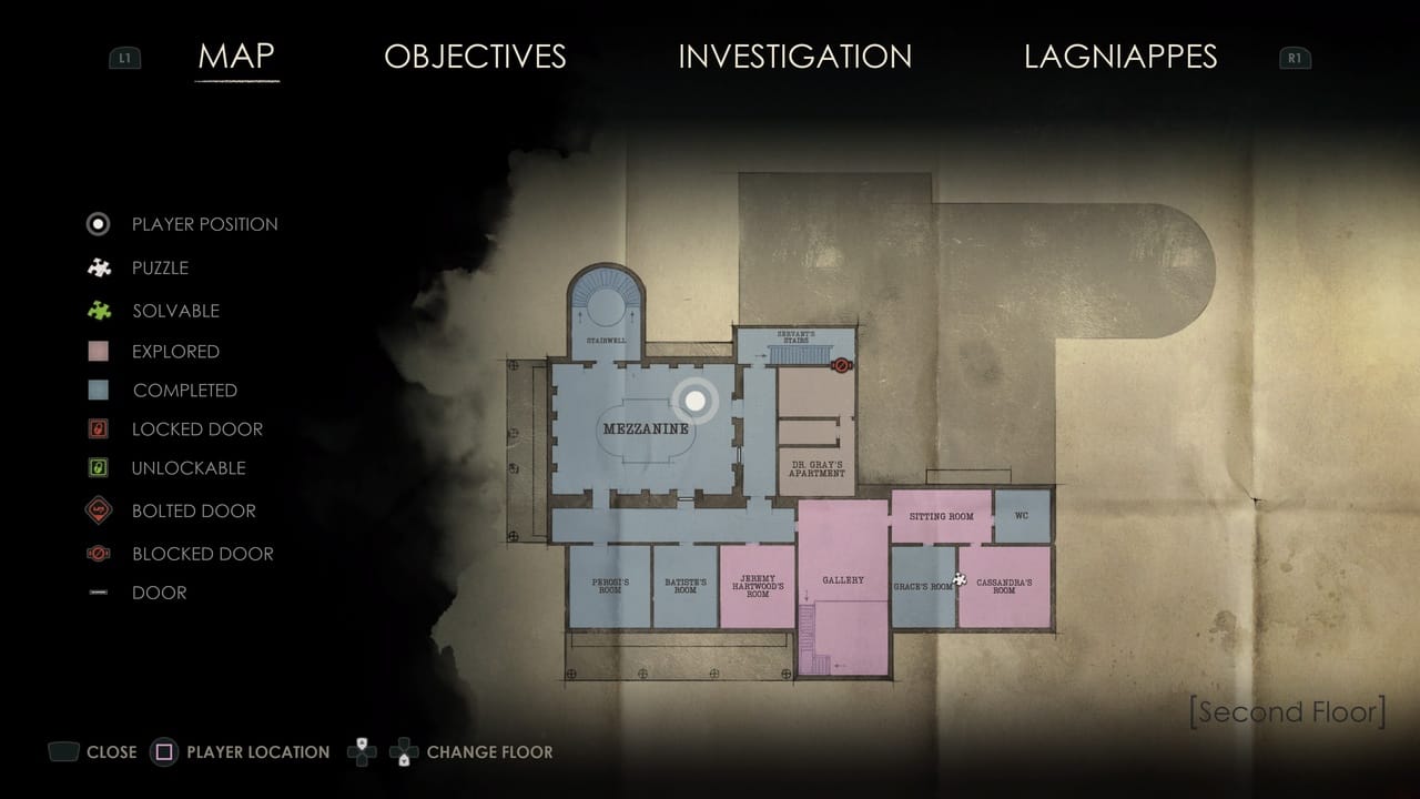 A digital in-game map display indicating various rooms, player position, and points of interest with navigational icons and a legend in "Alone in the Dark: Lagniappe.
