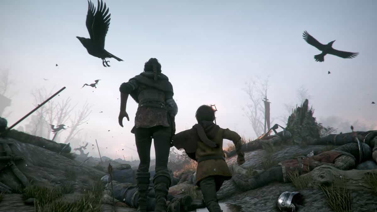A girl and her little brother race through a battlefield strewn with fallen soldiers in A Plague Tale: Innocence