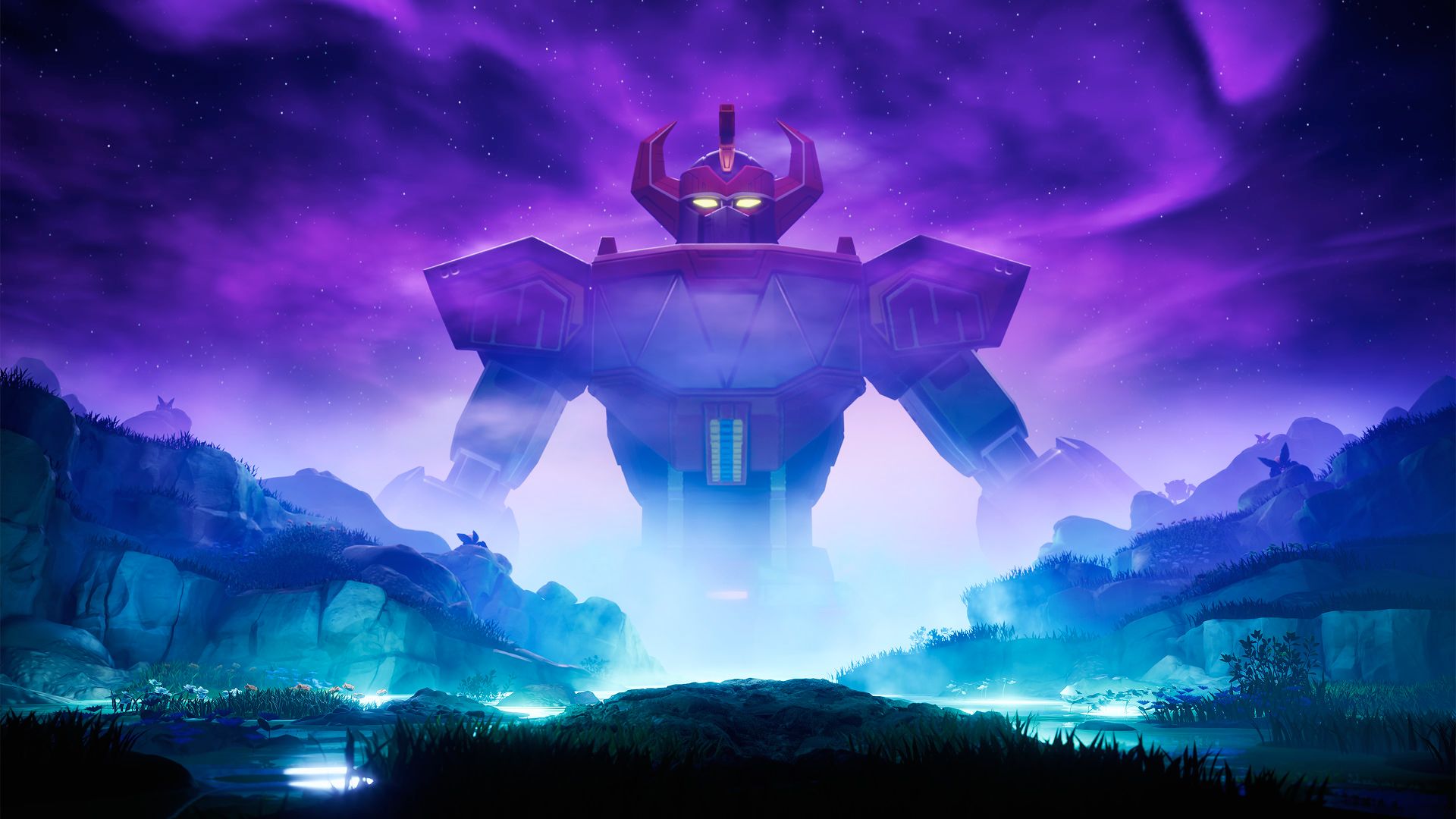 A Xbox Game Fortnite character with glowing eyes stands against the backdrop of a purple night sky.