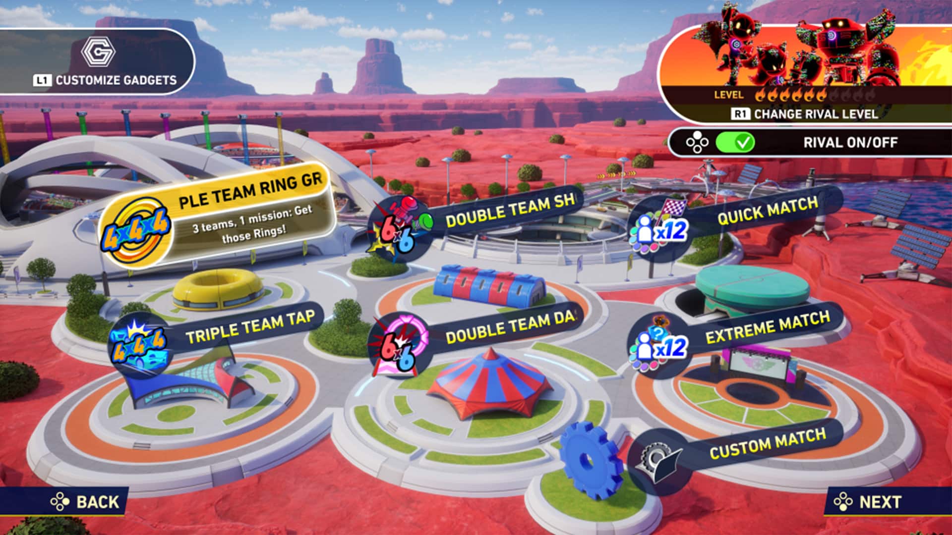 Sonic Racing CrossWorlds game menu screen with vibrant red desert backdrop