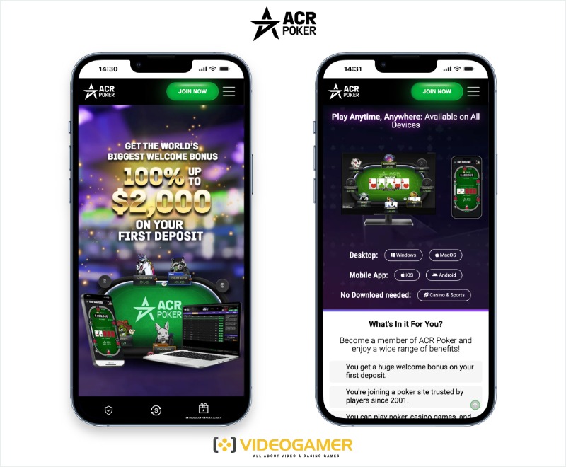 Mobile view of ACR Poker site for players in Canada.