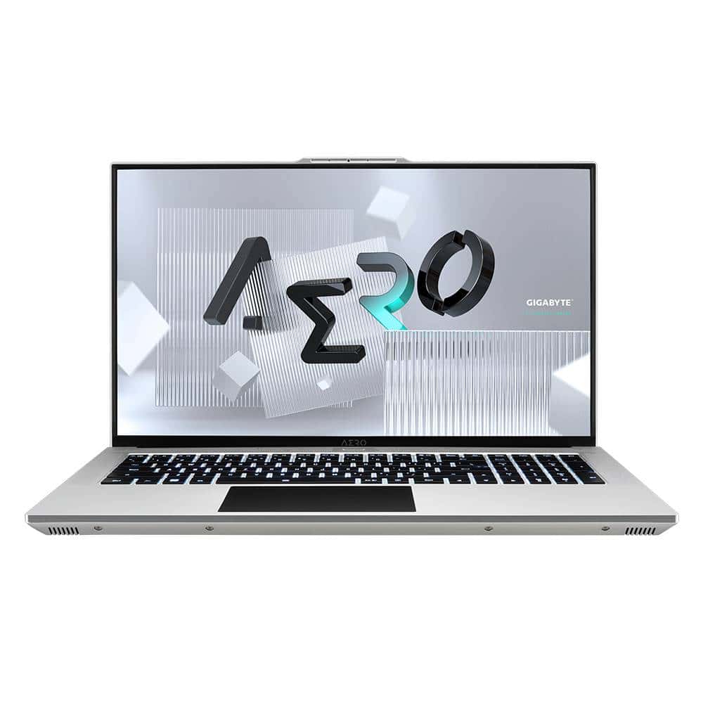 A Gigabyte AERO 17 YE5 laptop with the word oz on it.