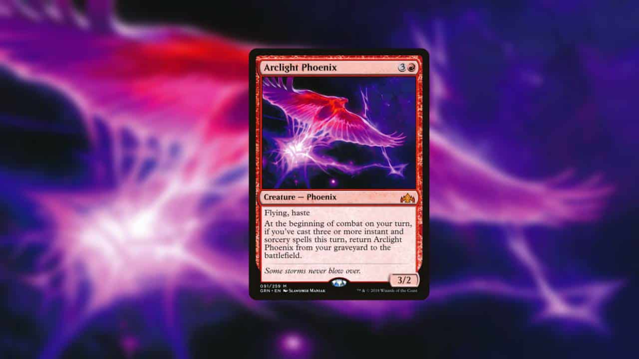 An image of a magic card with a red and purple background showcasing one of the best historic decks.