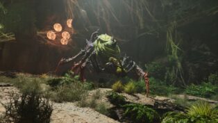A creature is walking through a forest in a video game.