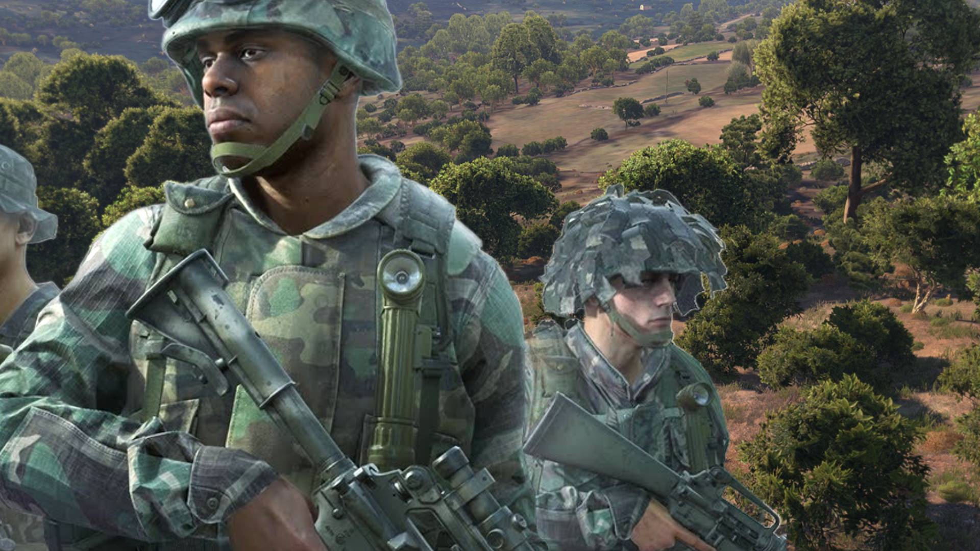 ARMA 3 soldiers standing in a lush forest