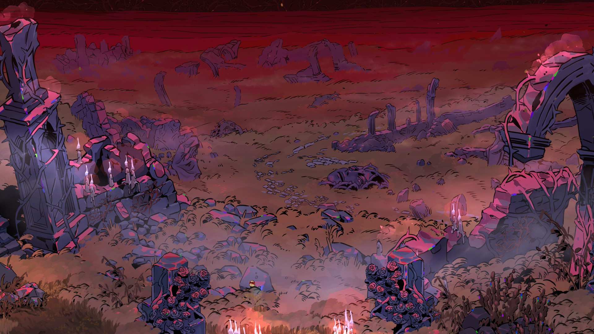 Ruined underworld landscape in Hades 2 showing broken pillars, candles, and eerie red mist, part of the story expansion in version 1.0.