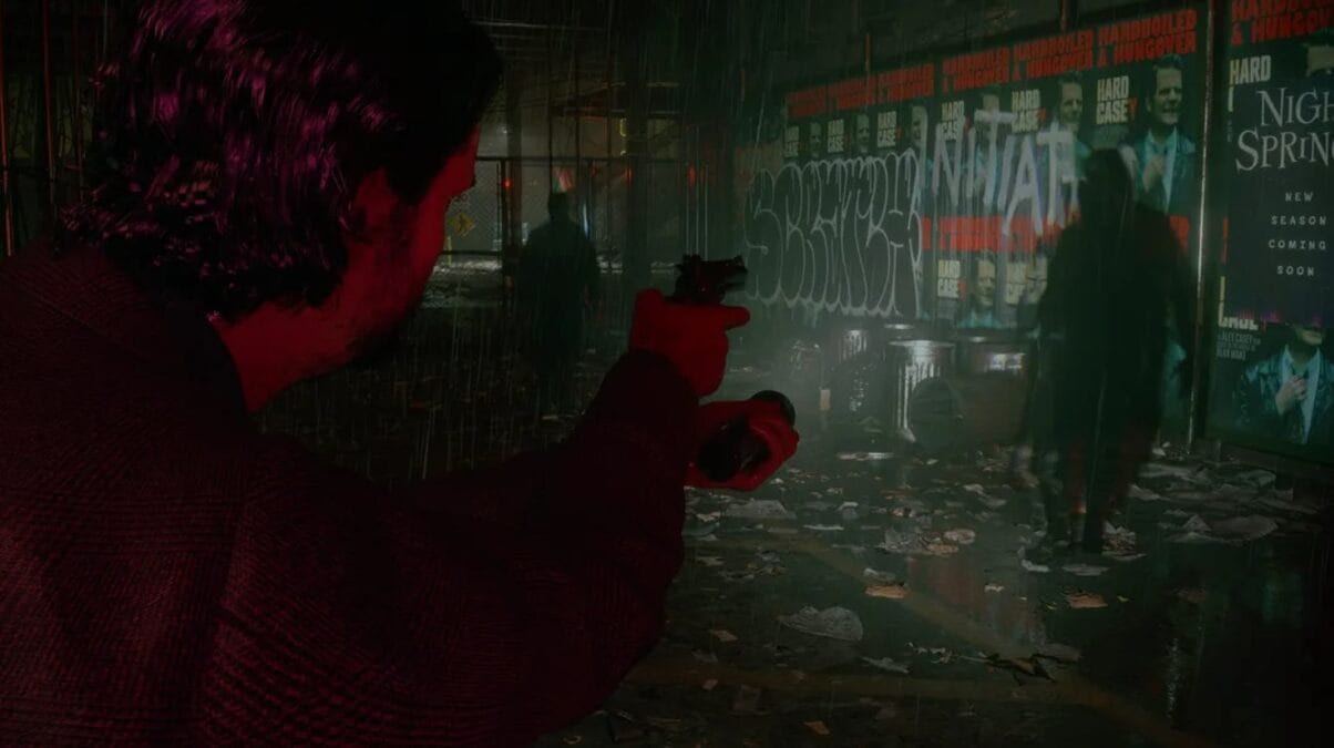 A person aiming his gun at silhouetted figures in Alan Wake 2.