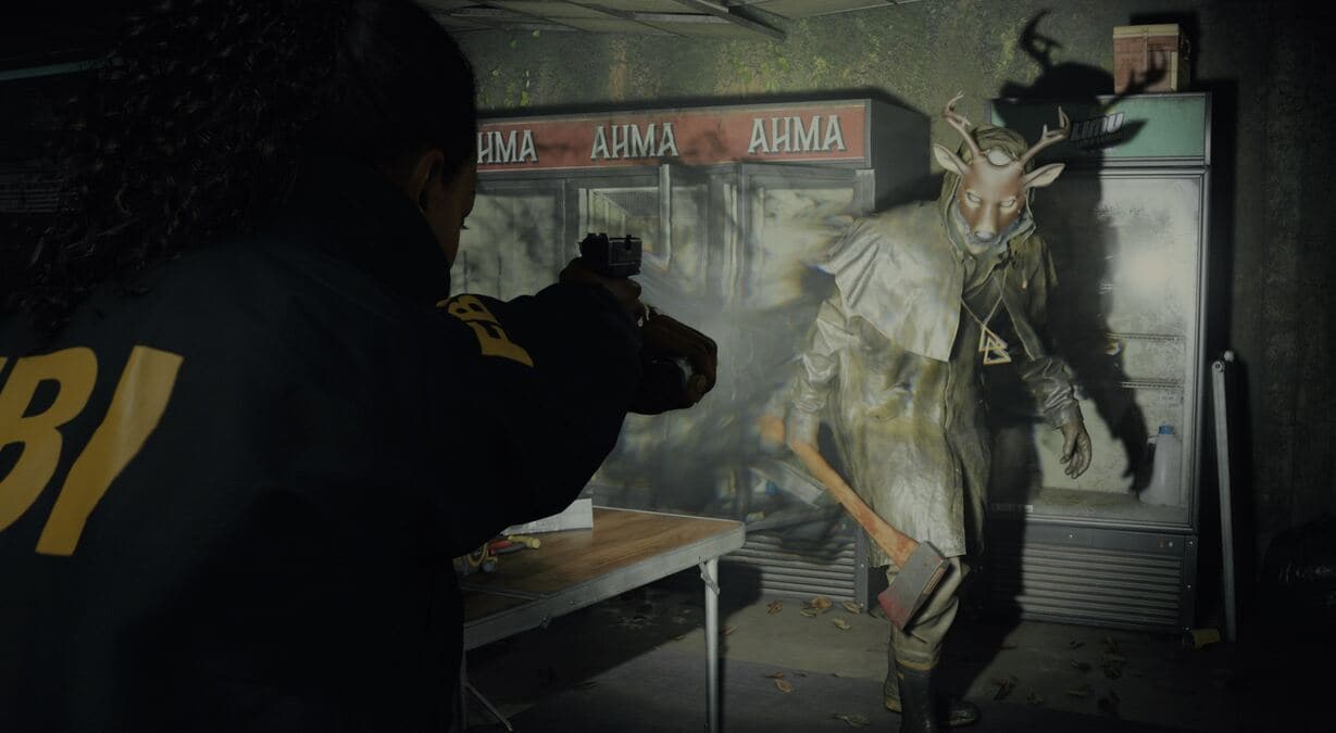 A person in an FBI jacket aims a gun at a masked figure in Alan Wake 2.