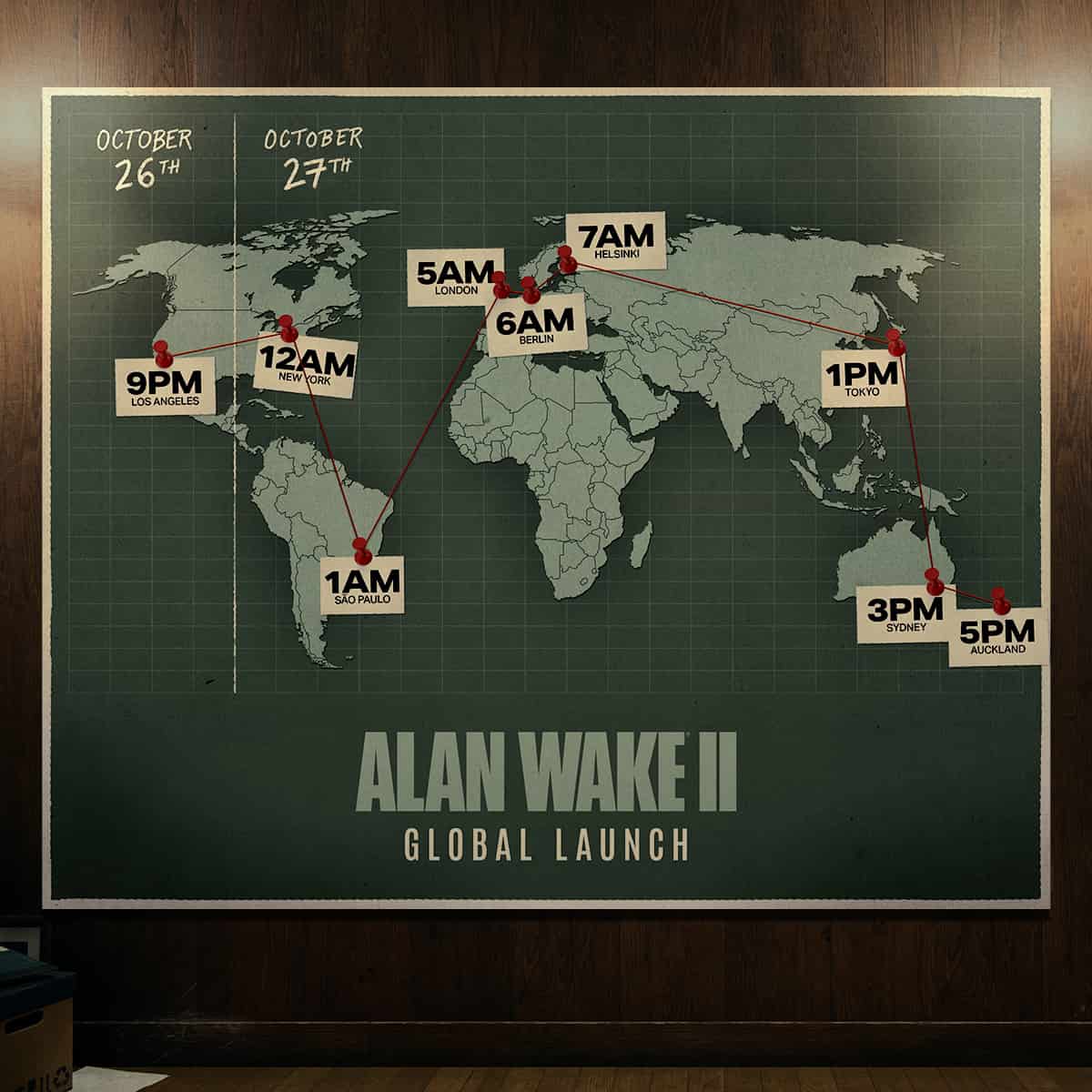 A poster for Alan Wake II's global launch, featuring a countdown and release time map.