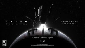 Promotional image for "Alien Rogue Incursion," a VR game launching in Holiday 2024. The image captures a person standing on an eerie planet, confronting a towering, menacing alien above them. Includes logos and platforms.