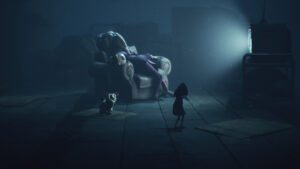 A dimly lit room shows a shadowy child and a dog-like figure watching a TV. A person reclines on a chair, face obscured, creating an eerie atmosphere
