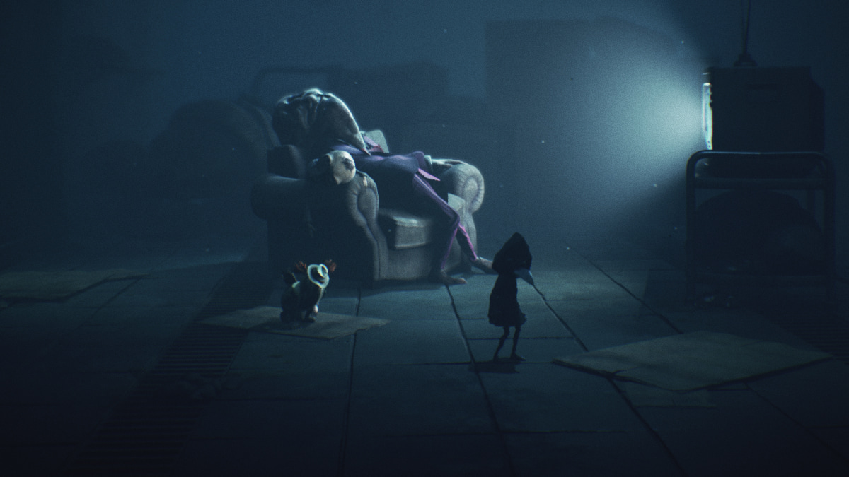 A dimly lit room shows a shadowy child and a dog-like figure watching a TV. A person reclines on a chair, face obscured, creating an eerie atmosphere
