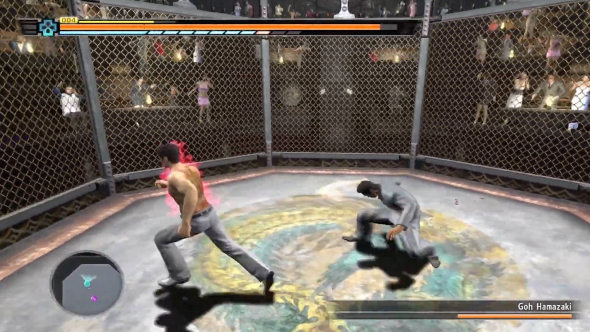A shirtless character with a red aura fights another in a gray suit in a cage arena, surrounded by a cheering crowd in Yakuza Kiwami 3