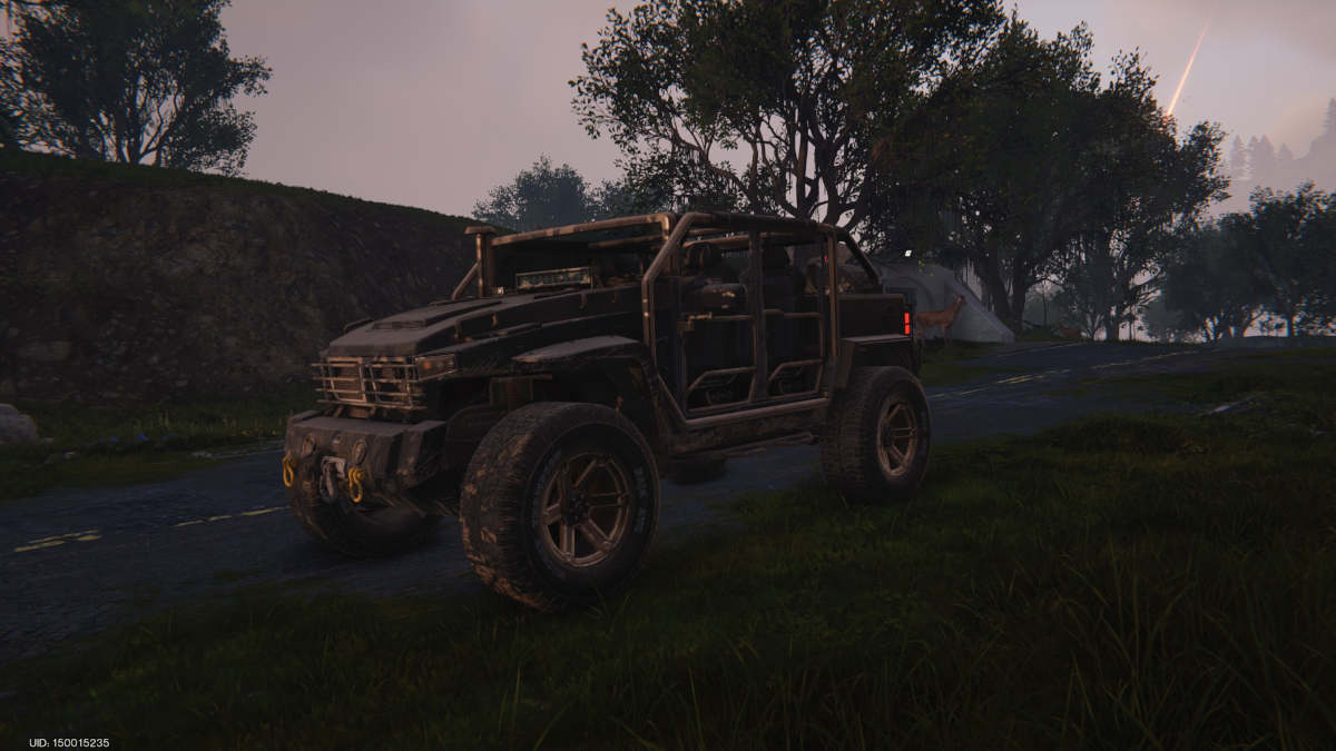 All-Terrain-Vehicle-Once-Human: An image of a four-seater dune buggy parked by a  hill in  the Once Human game.