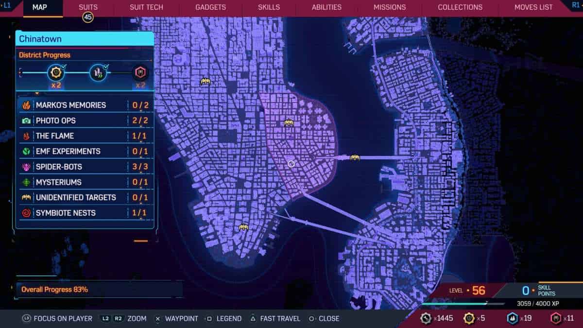 A screen shot of a map showing the city of Manhattan alongside Spider-Man 2 Unidentified Targets locations.