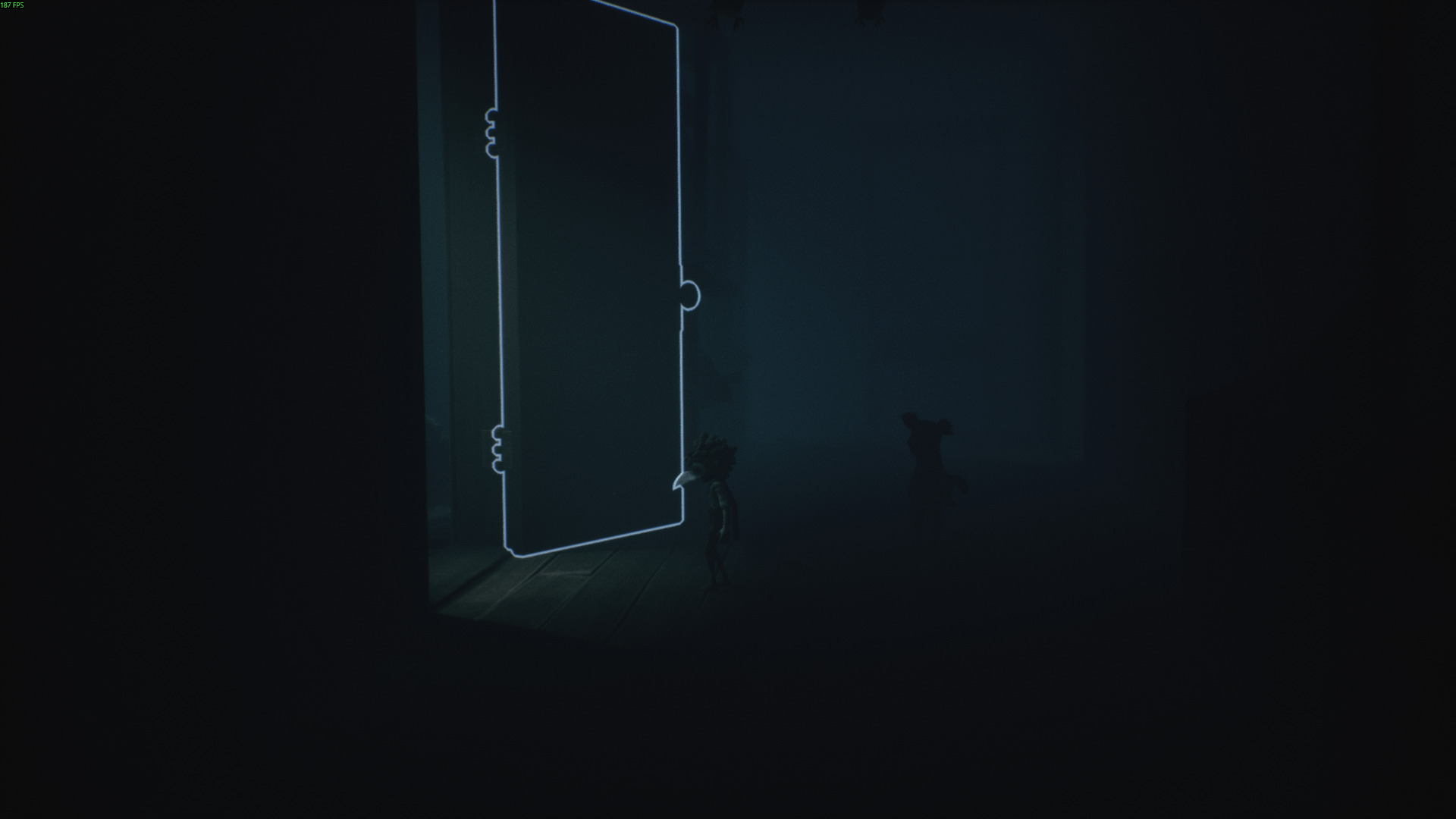 Two small characters stand in a dark hallway of Little Nightmares 3, facing a glowing doorway that pierces the shadows.
