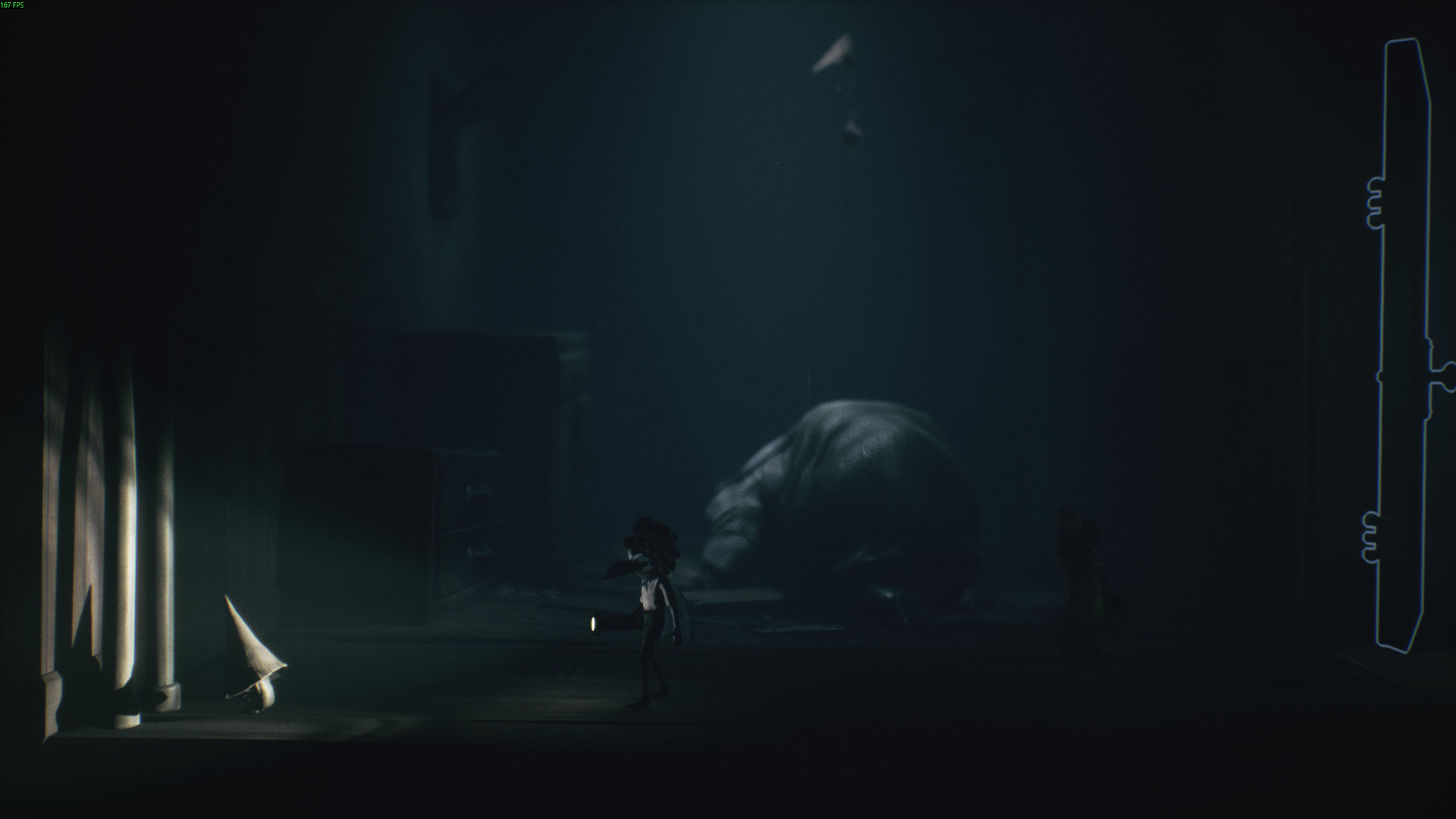 A small gnome and two tiny characters explore a dark hallway in Little Nightmares 3, while a large shadowy figure looms in the background