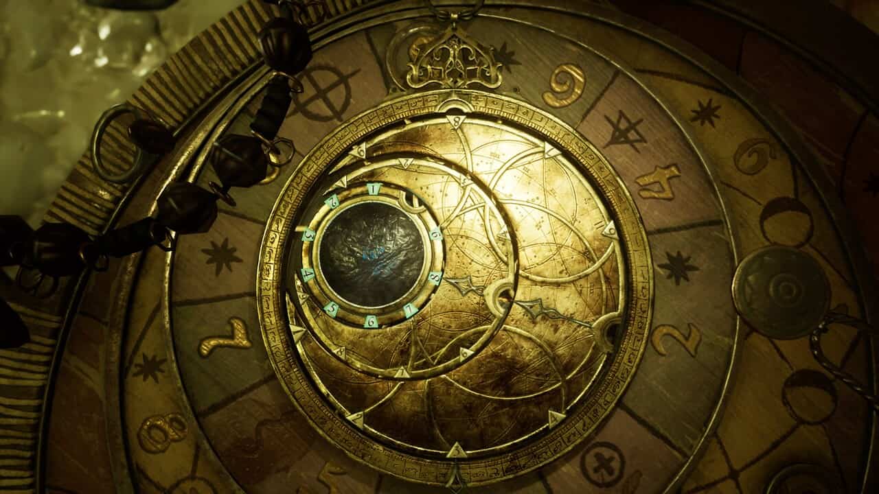 An ornate astronomical clock with zodiac symbols and a representation of the Earth at its center serves as the Alone in the Dark talisman puzzle solution.