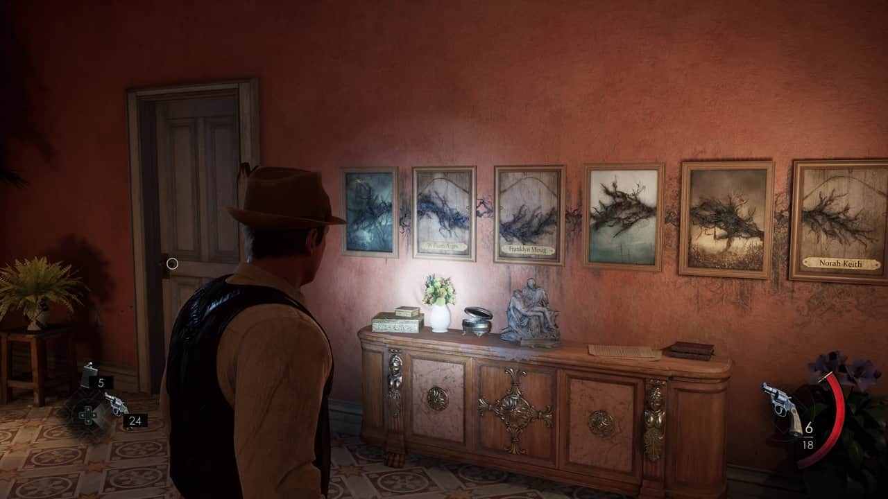 A man in a fedora observing a collection of paintings on a wall inside Perosi’s Room, dimly lit.