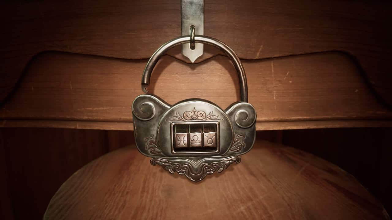 An ornate metal lock securing a wooden surface in "Alone in the Dark Perosi’s Room" puzzle solution.