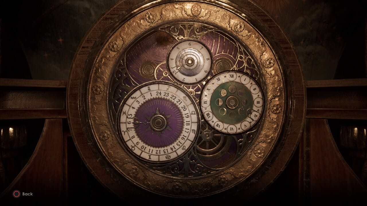 Intricate antique astronomical clock with multiple dials and celestial patterns, a key element in the "Alone in the Dark" Astronomical Clock puzzle.