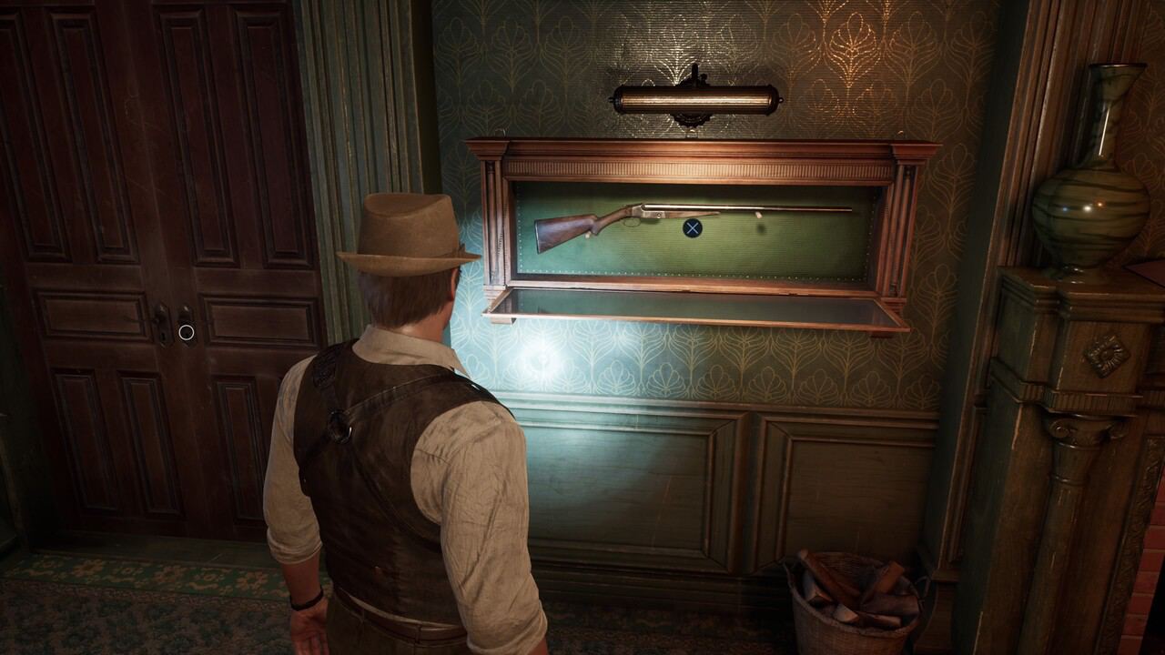 A man in a hat examining how to get the shotgun in Alone in the Dark displayed in a glass case on a wall.