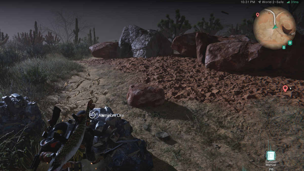 Aluminium Ore Once Human: deposits of aluminium ore encased in a boulder in a red sand desert.