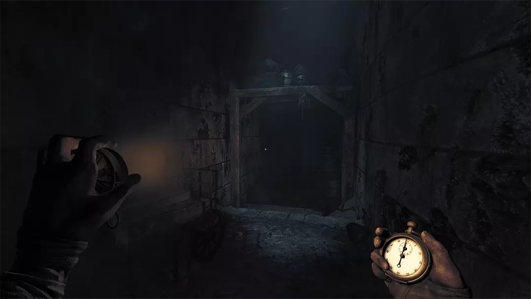 Amnesia: The Bunker survival horror gameplay showing player holding flashlight and stopwatch in a dark underground corridor.