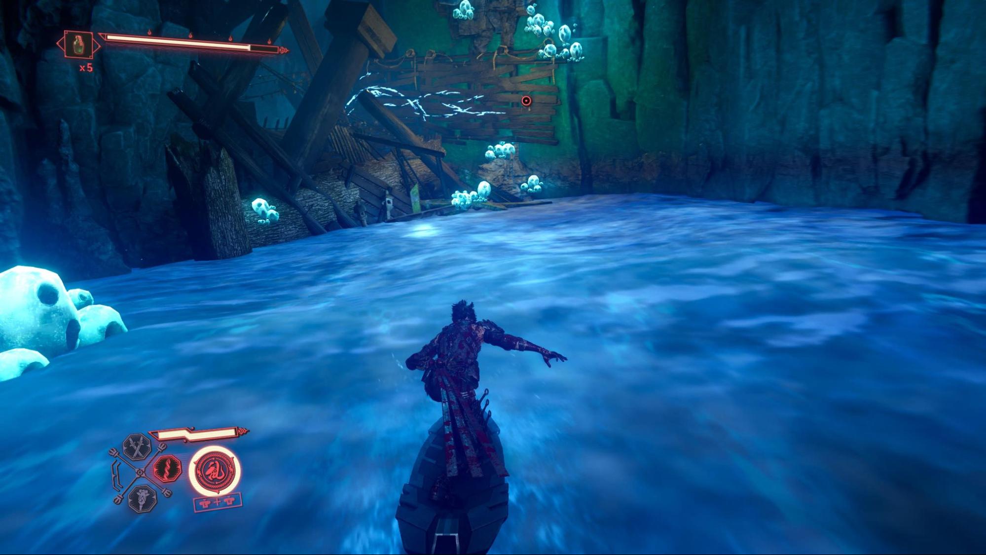 Yakumo surfs across glowing blue waters on a board during a platforming section in Ninja Gaiden 4