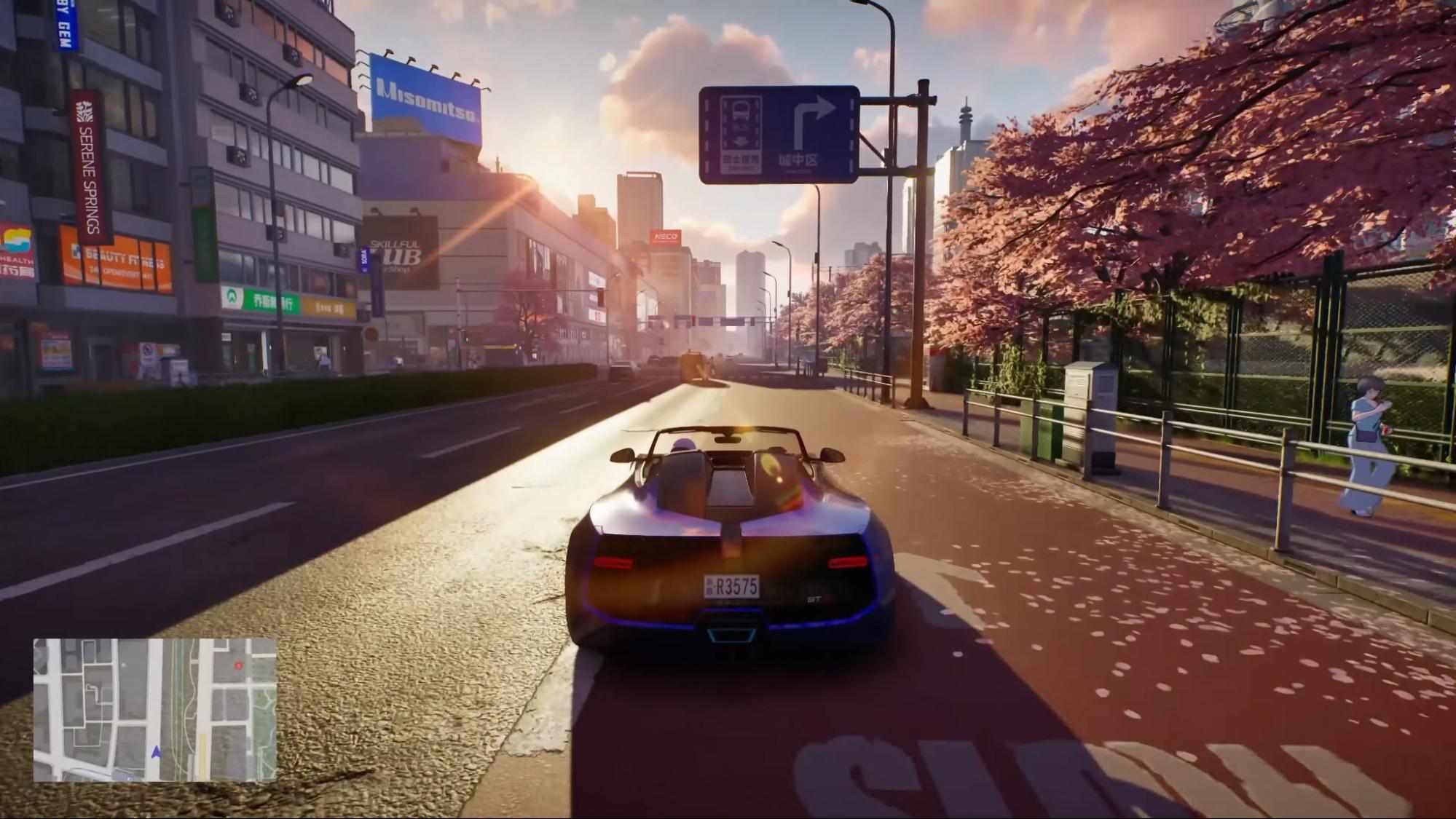 A car speeds through neon-lit streets lined with cherry blossoms in Ananta, blending anime visuals with GTA-style driving