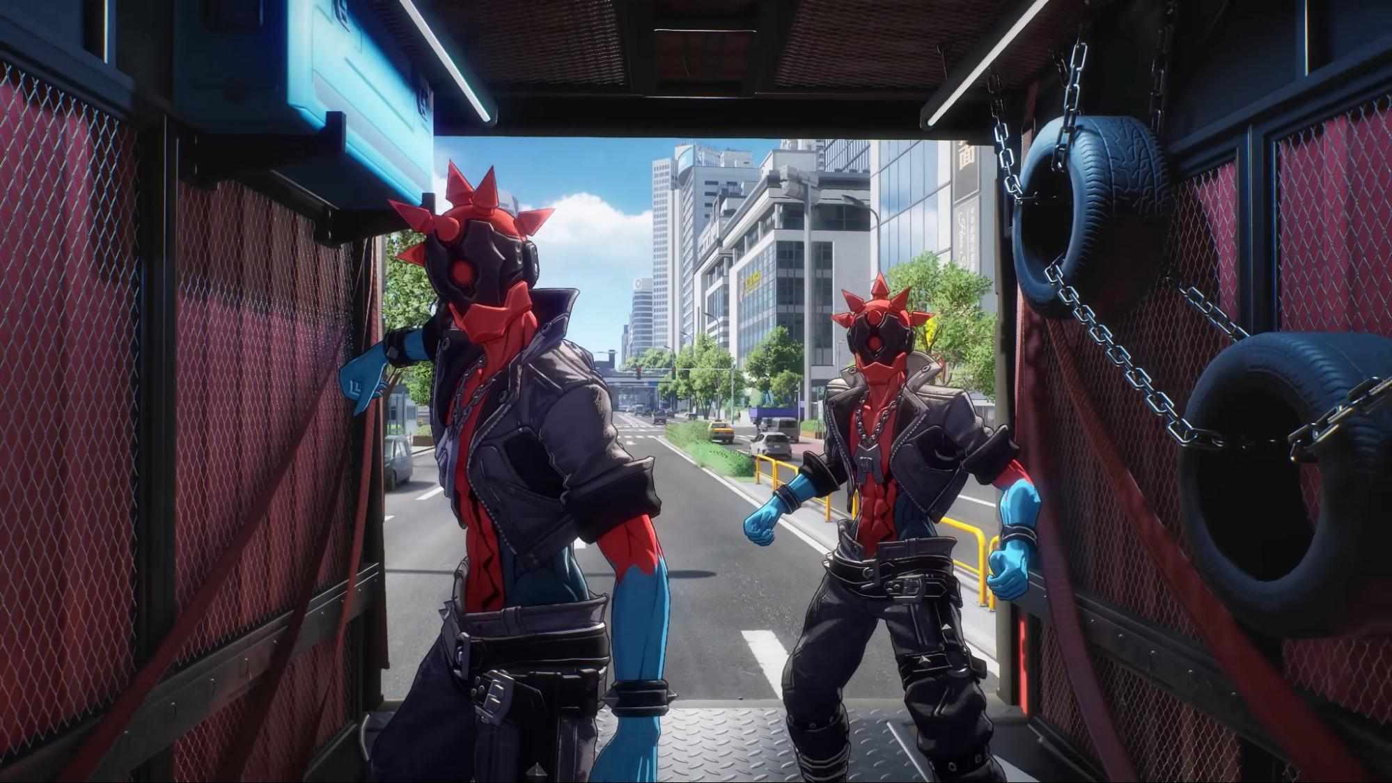 Masked Chaos thugs in Ananta prepare for battle inside a moving truck during an intense city encounter