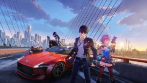 Characters from Ananta stand beside a red sports car on a bridge in Nova City