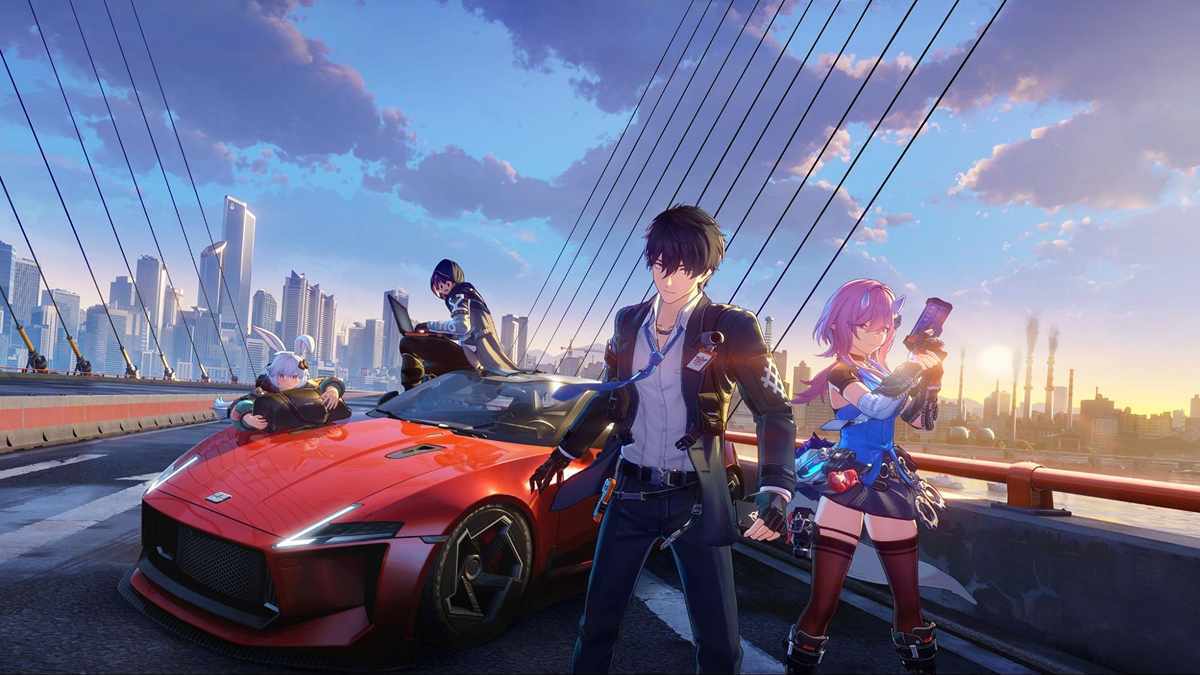 Characters from Ananta stand beside a red sports car on a bridge in Nova City